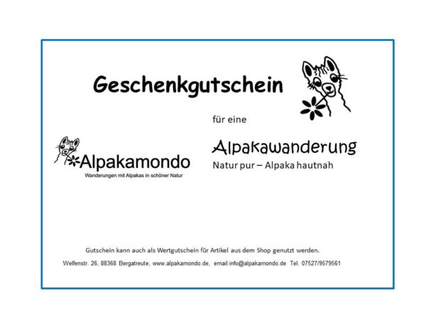Geschenk-Gutschein Wanderung mit Alpaka